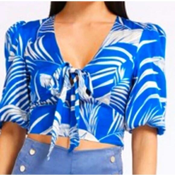 Guess Tops - Guess Tamara Top Baja Palm Print Blue Half Sleeve Size Medium NEW With Tags